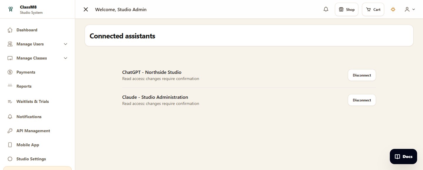 ClassM8 connected assistants page showing sample ChatGPT and Claude connections with individual disconnect controls