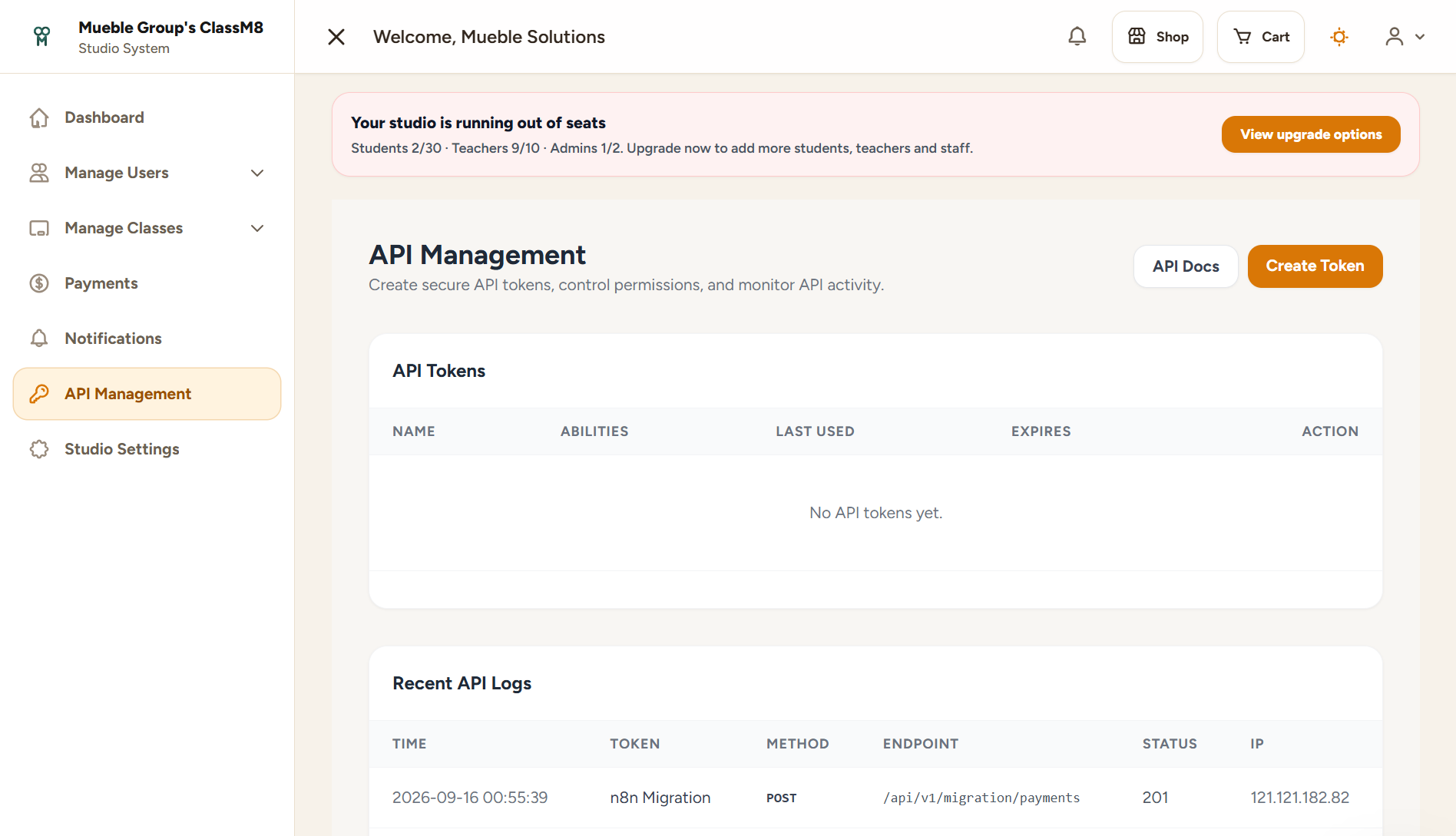 ClassM8 studio portal API management screen with token and log tables