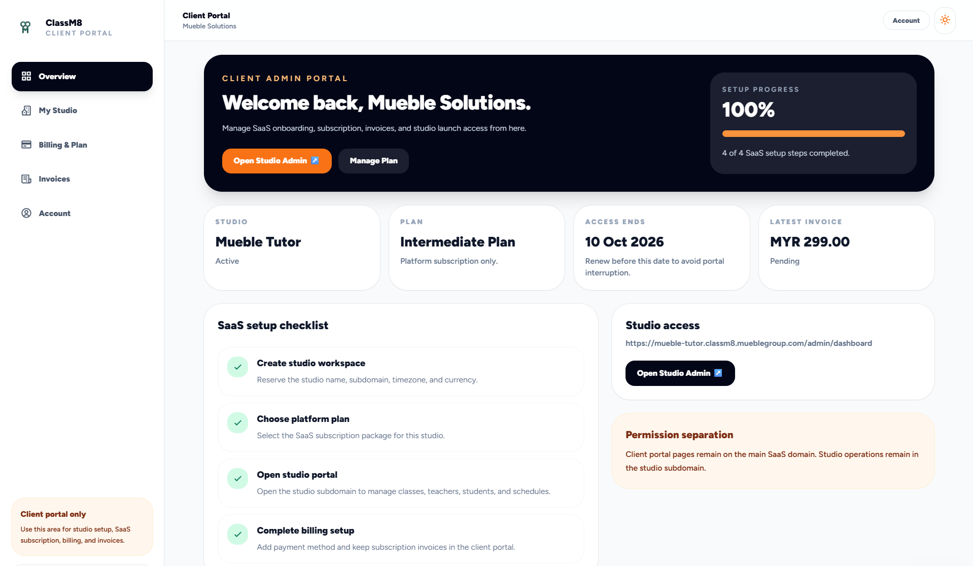 ClassM8 client portal showing onboarding progress, plan details, invoice status and studio access