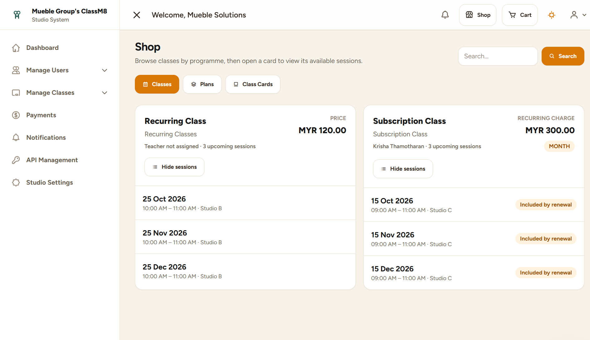 ClassM8 shop showing tabs for classes, plans and class cards with recurring class session dates