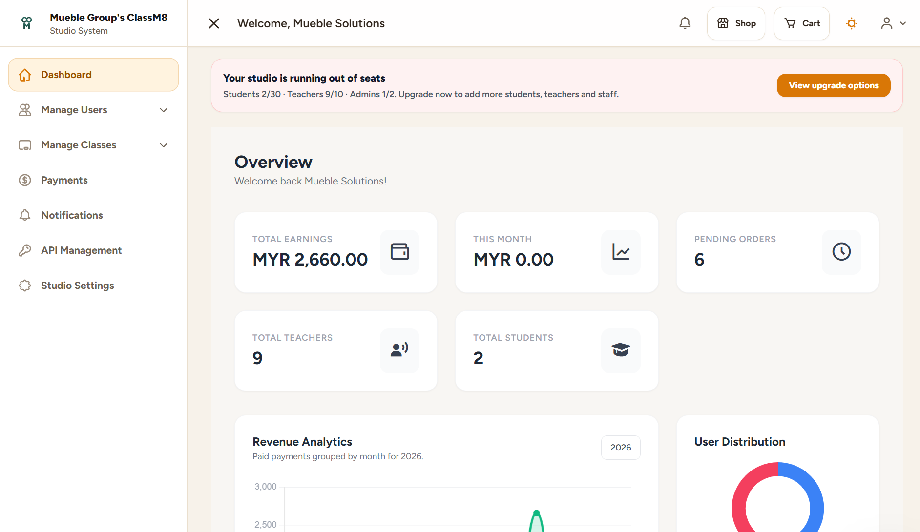 ClassM8 studio dashboard with revenue analytics, student and teacher totals, pending orders and seat-limit alerts