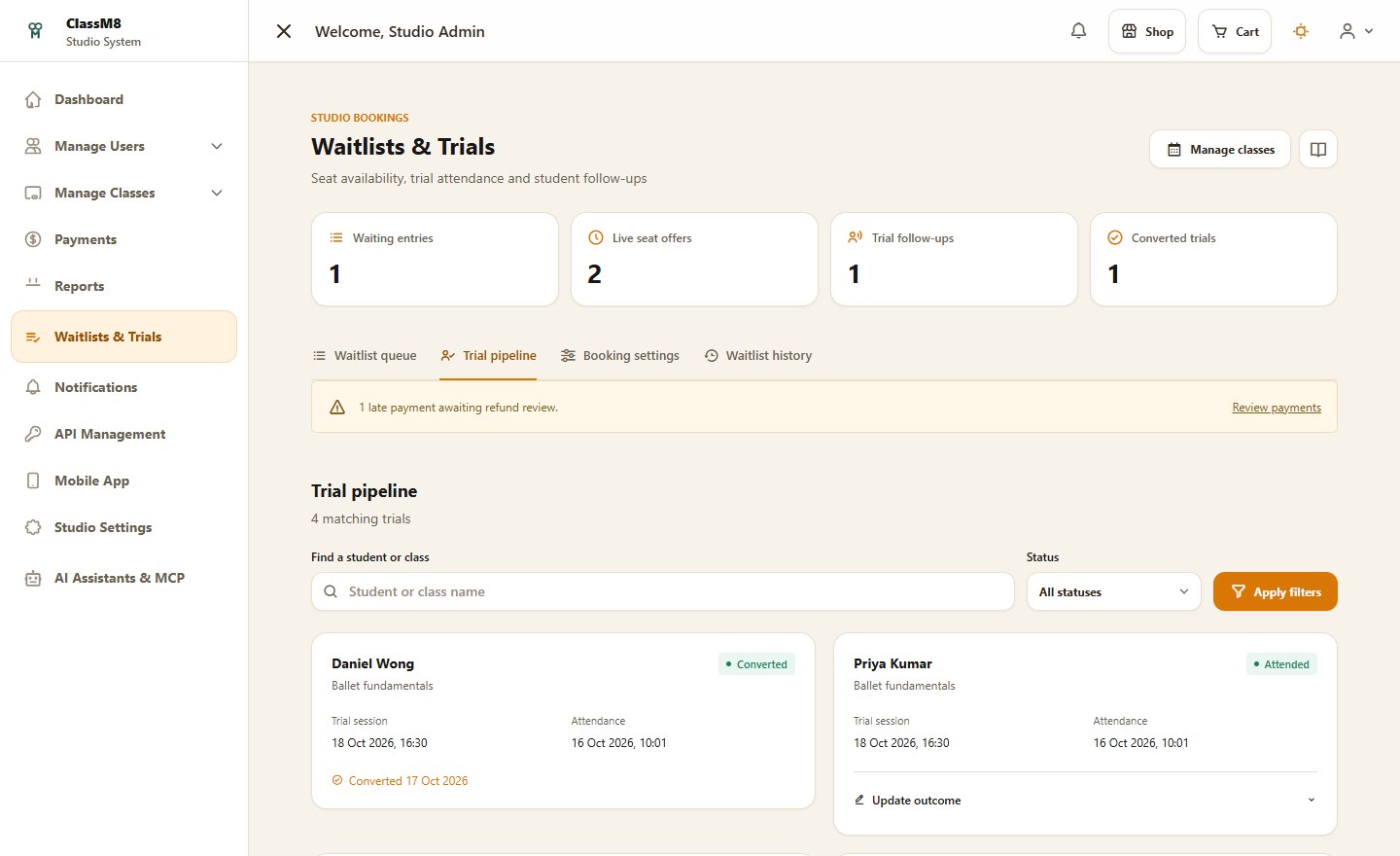 ClassM8 trial pipeline showing example trial attendance, follow-up and conversion records
