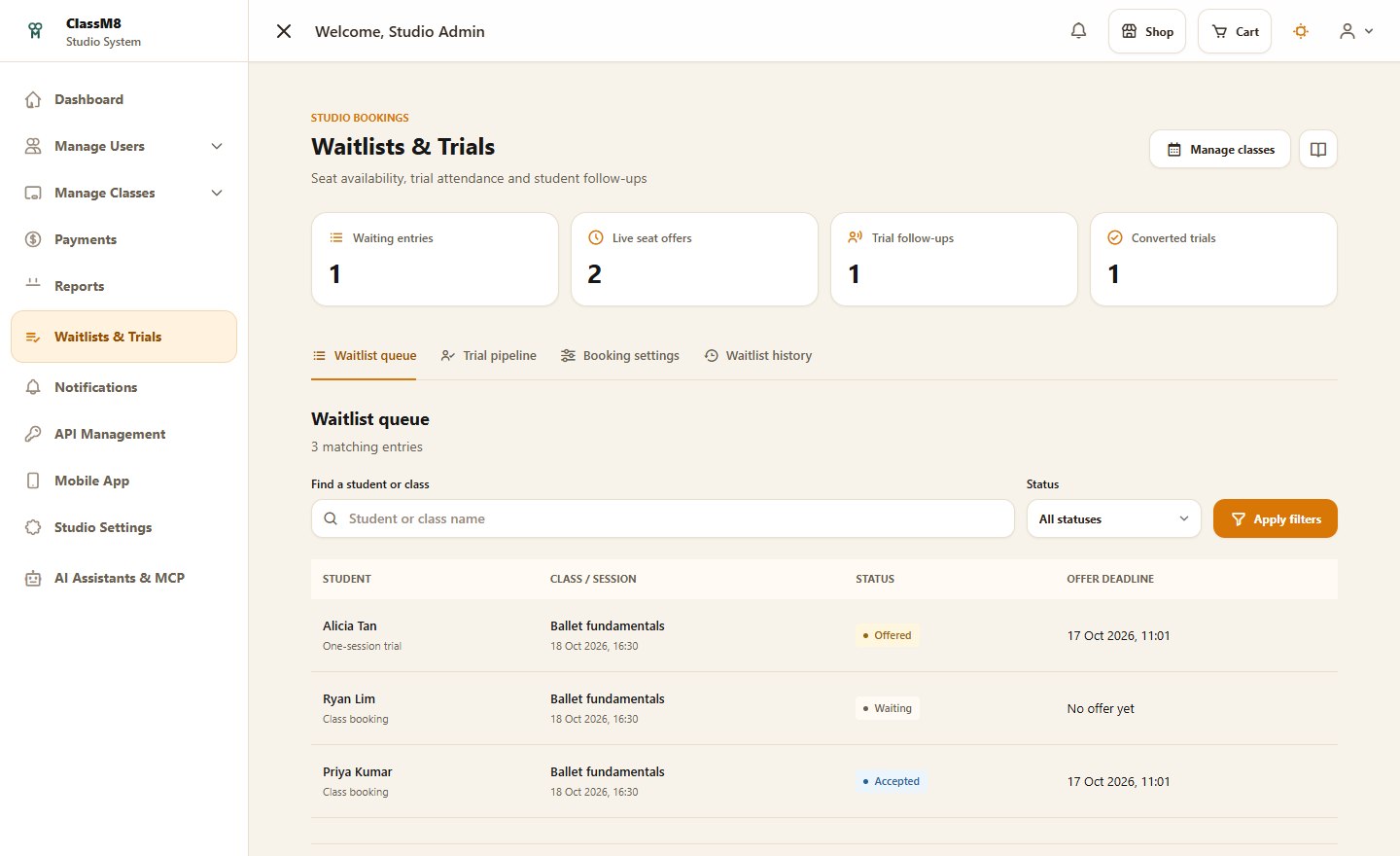 ClassM8 waitlist and trial dashboard with sample queues, seat offers and follow-up counts